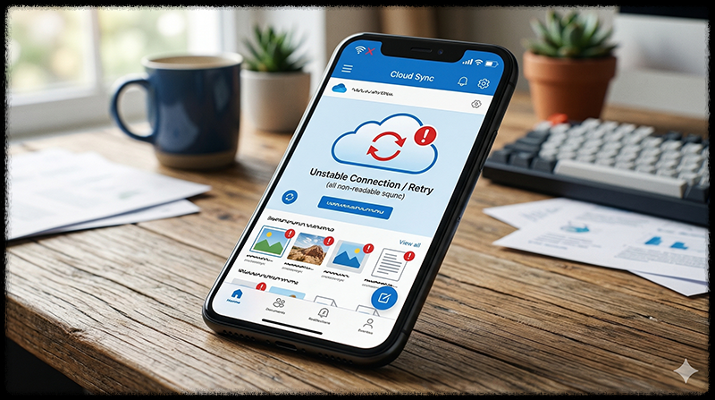 인터넷 연결 문제로 클라우드 동기화가 안 되는 스마트폰 모습