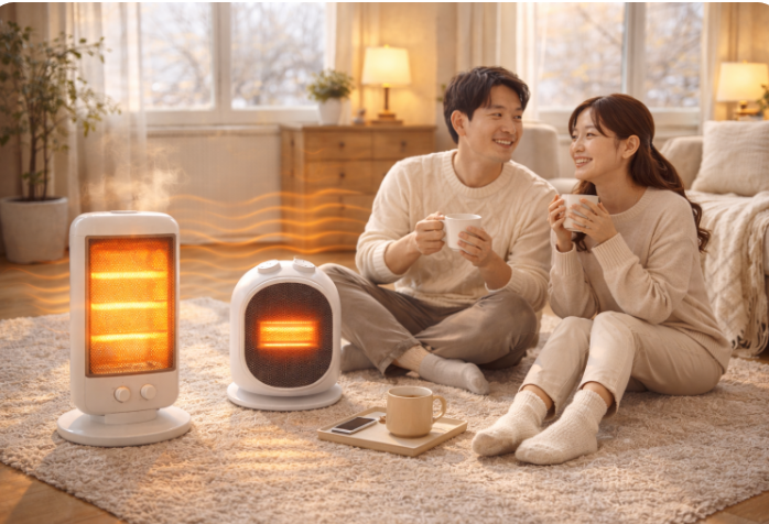 따뜻한 겨울 실내에서 전기히터와 온풍기 앞에 앉아 따뜻한 음료를 마시며 웃고 있는 부부