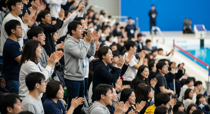 핀수영 경기장 관람석에서 응원하고 있는 관중들