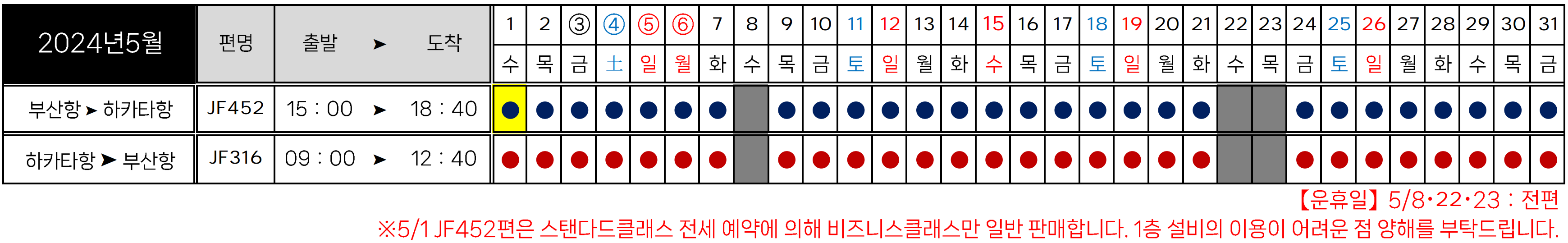 2024년 5월 부산-후쿠오카 퀸비틀 운항 시간표