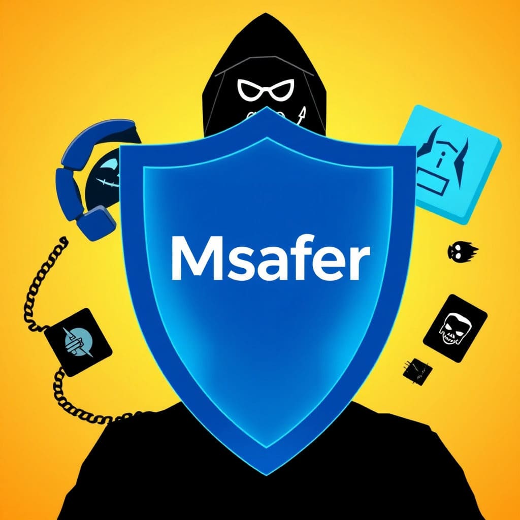 보이스피싱이나 명의도용을 상징하는 악의적인 요소들(위협적인 전화 아이콘, 해킹 기호)이 다가오지만, 그 앞에 Msafer 로고나 서비스 이름을 중심으로 한 단단하고 투명한 방패 또는 보호막이 형성되어 이를 막아내는 모습을 표현합니다. 방패는 신뢰감을 주는 파란색 계열로 표현하고, 배경은 안전하고 밝은 느낌으로 구성합니다.