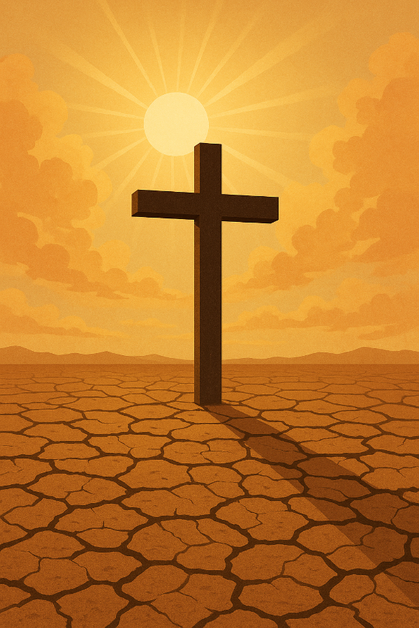 가뭄으로 갈라진 땅 위에 세워진 십자가와 희망의 햇살