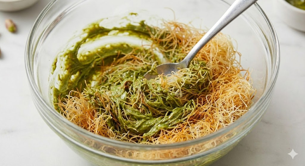 카다이프면과 피스타치오 스프레드 섞어주기