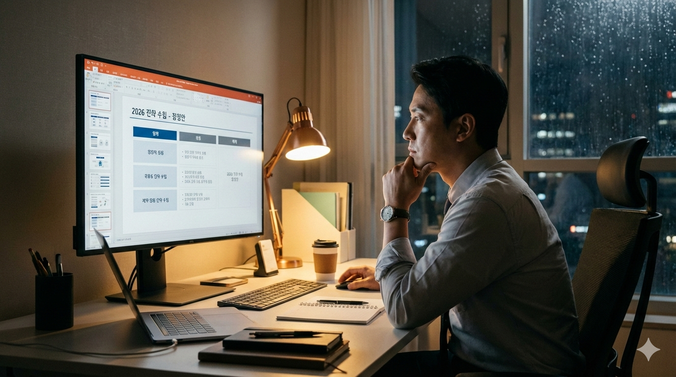 디자인 감각이 없어 늦은 밤까지 저화질 스톡 이미지만 검색하며 한숨 쉬는 김 과장의 고단한 모습.