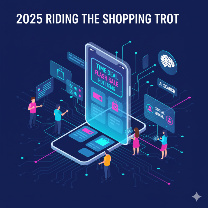 2025년 온라인 쇼핑 트렌드를 보여주는 그래픽 이미지