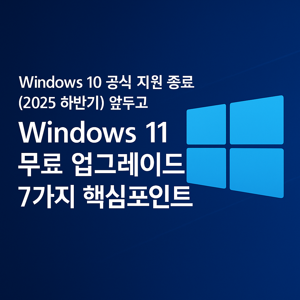 “Windows 10 지원 종료 알림과 Windows 11 무료 업그레이드 안내 배너 — 노트북 화면에 파란색 윈도우 로고와 ‘Windows 11 무료 업그레이드’ 문구가 표시된 밝고 현대적인 디자인”