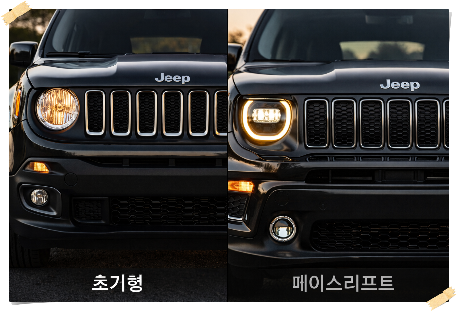 레니게이드 초기형과 페이스리프트 모델의 전면 그릴 및 램프 디자인 비교