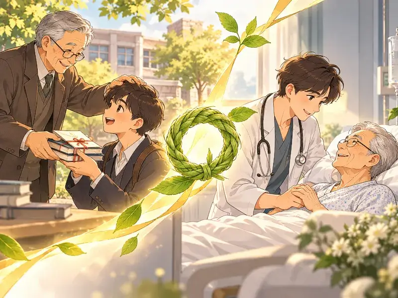 A warm illustration of a teacher helping a student who later becomes a doctor and repays the kindness by caring for the elderly teacher