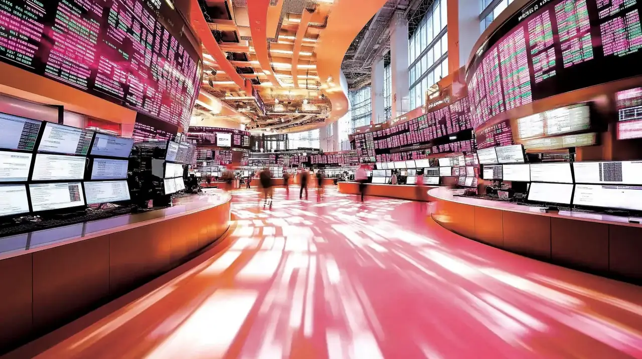 경제 요인으로 인해 변동하는 환율을 실시간으로 반영하는 거래 활동이 바쁜 주식시장. 실시간 시장 반응을 포착하는 에너제틱한 무드와 전문적인 분위기.