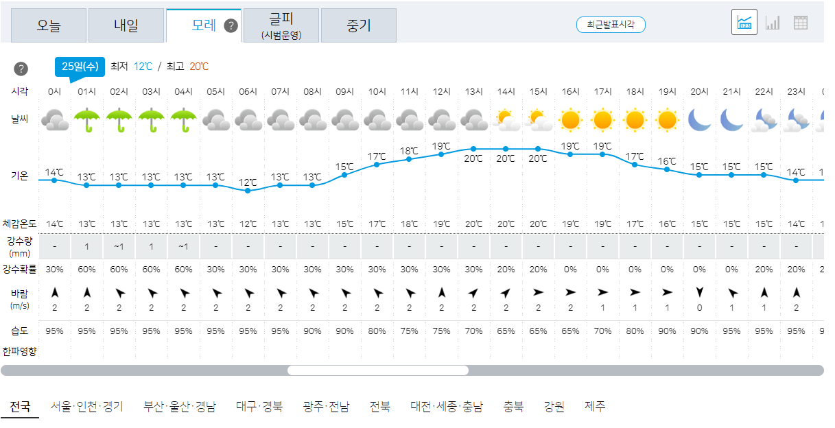 25일 날씨 예보 및 기온 정보