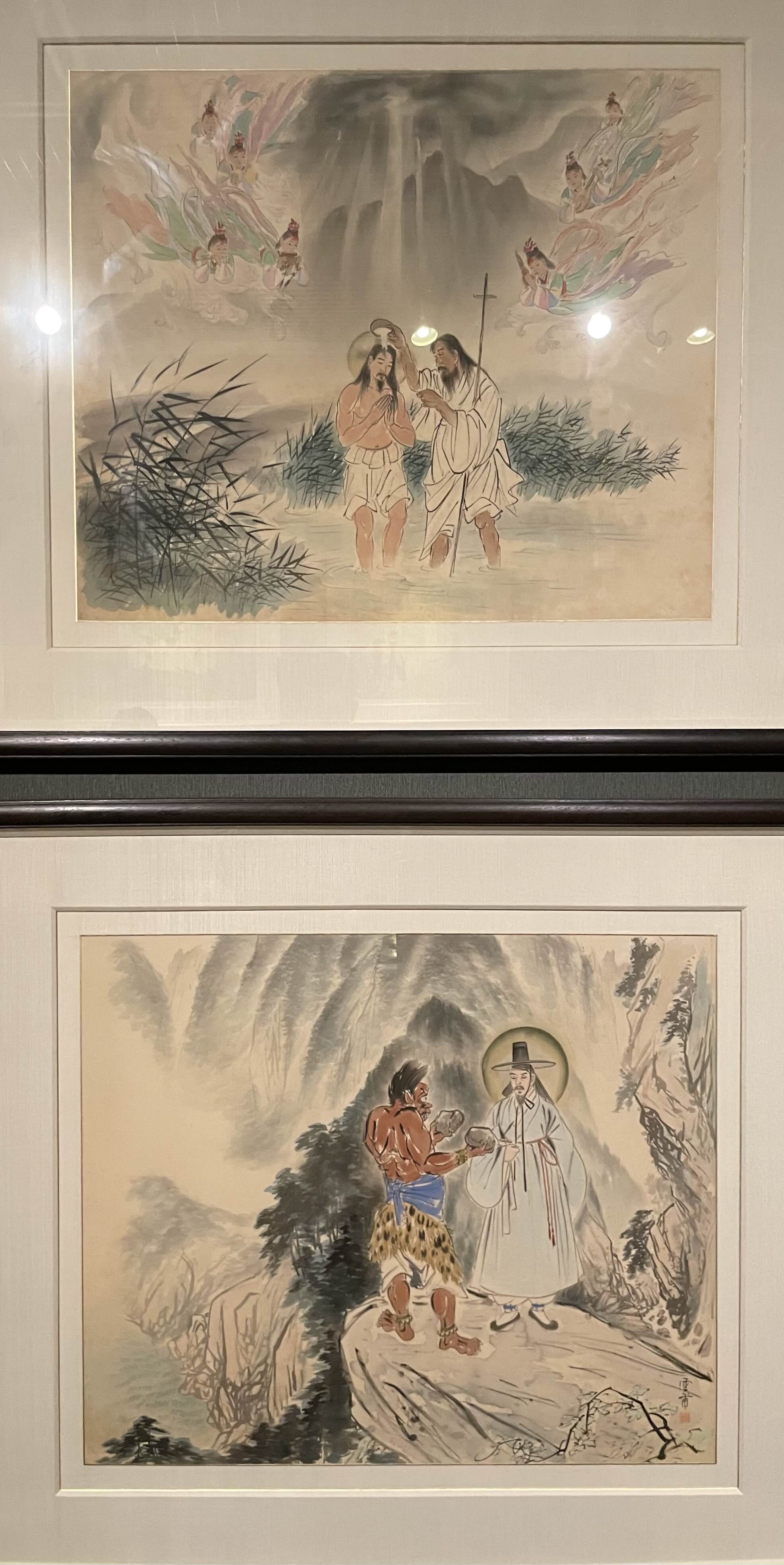 김기창 - 예수의 생애 : 7. 요한에게 세례, 8. 사탄에게 시험받다. (1952-1952, 비단에 채색)