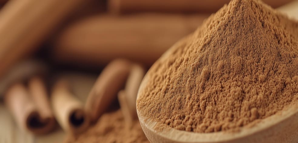 나무 수저에 담겨 있는 계피 가루