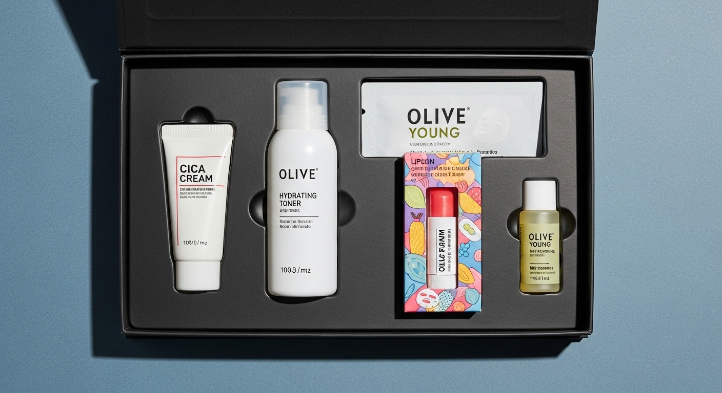 2025년 올리브영 블프라이즈 5천원 박스 개봉 모습. 시카 크림 샘플, 토너, 마스크팩, 립밤 등 소용량 제품들이 담겨 있다.