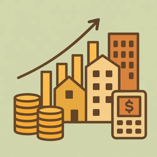 건물, 그래프, 동전, 계산기가 배치된 부동산 투자를 상징하는 그림