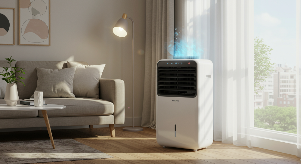 2025년형 최신 디자인의 제습기가 놓인 쾌적하고 깔끔한 실내 풍경.