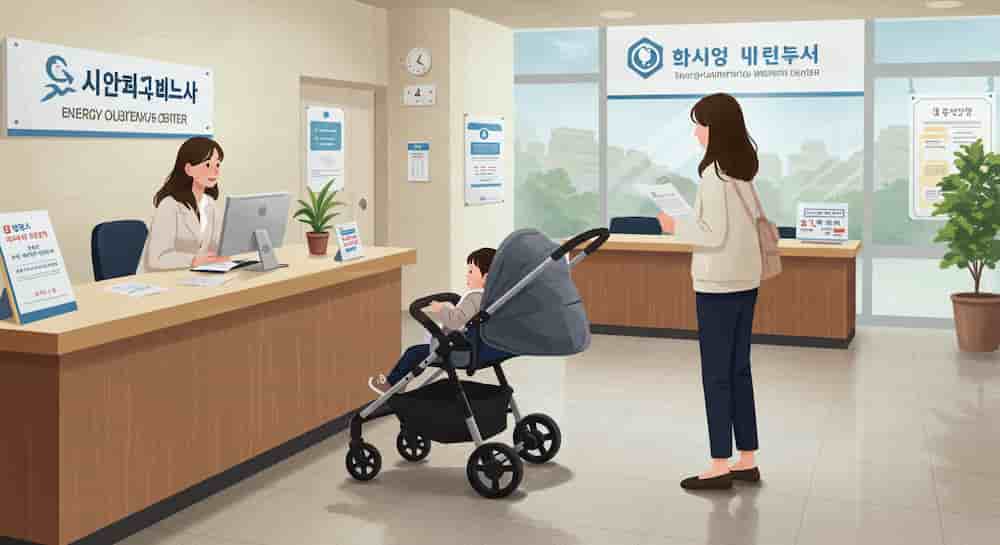 복지센터에서 에너지 바우처 상담 중인 보호자와 아이