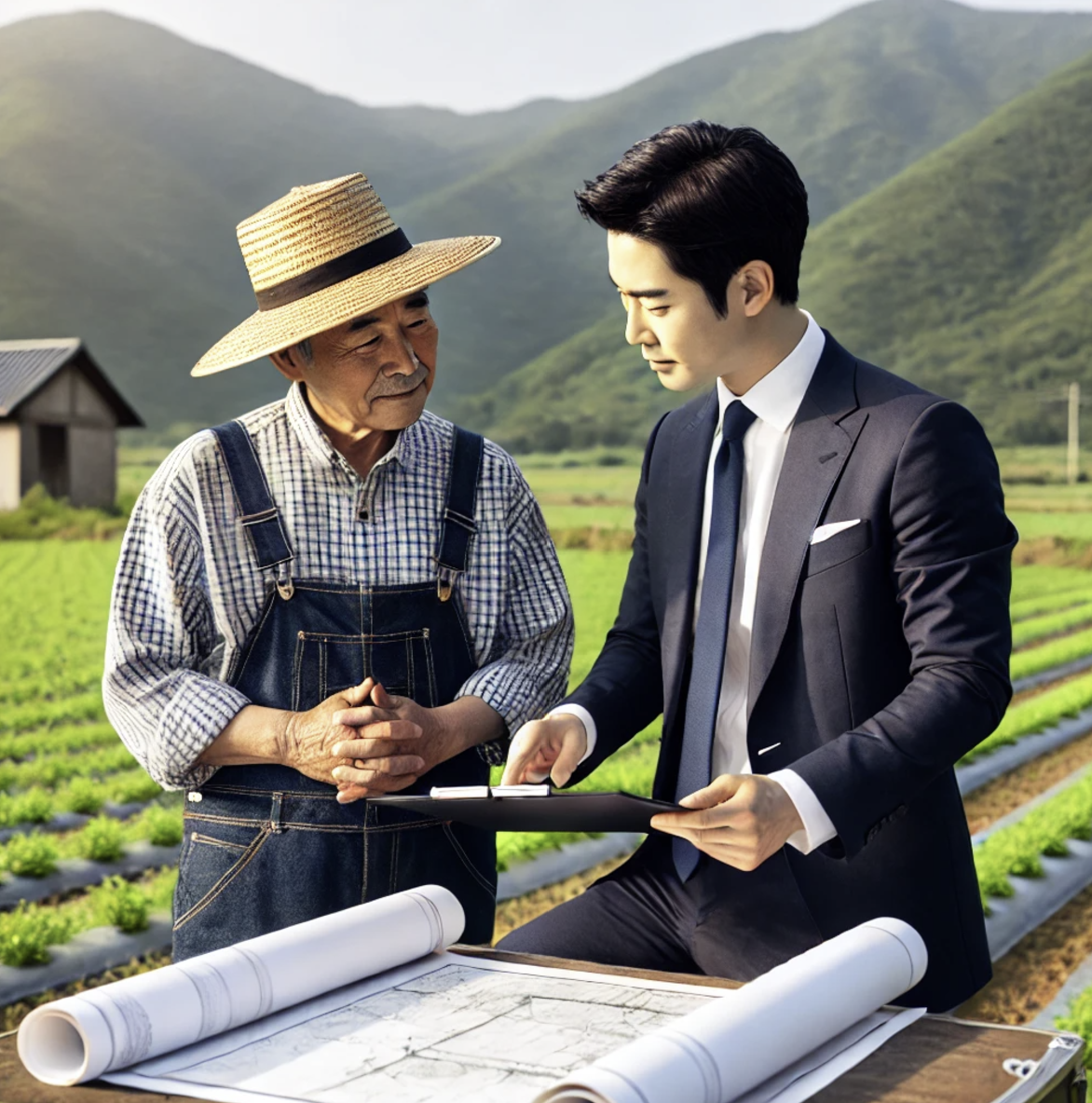 농부가 부동산 중개인과 함께 야외에서 농지 매매에 대해 논의하는 모습.