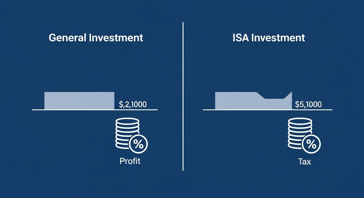 일반 투자와 ISA 투자의 세금 차이를 시각적으로 비교한 인포그래픽. ISA 투자가 세금 절감에 얼마나 효과적인지 명확하게 보여줍니다.