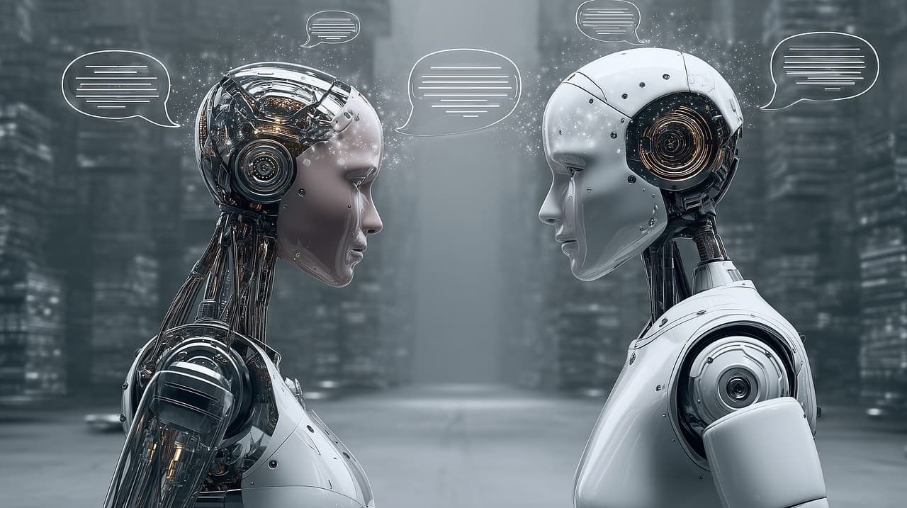 두 개의 휴머노이드 로봇이 마주 서서 대화하는 장면으로, ChatGPT를 활용한 2025년 고객 상담 자동화 시스템을 상징한다.