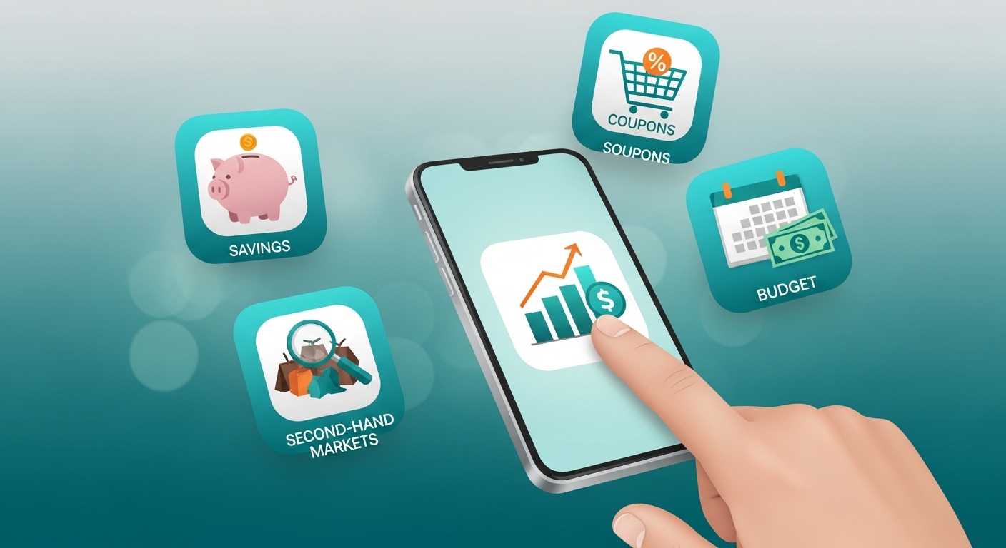 가계부, 할인 쿠폰, 중고거래 앱 아이콘들이 스마트폰 주변에 떠 있는 모습