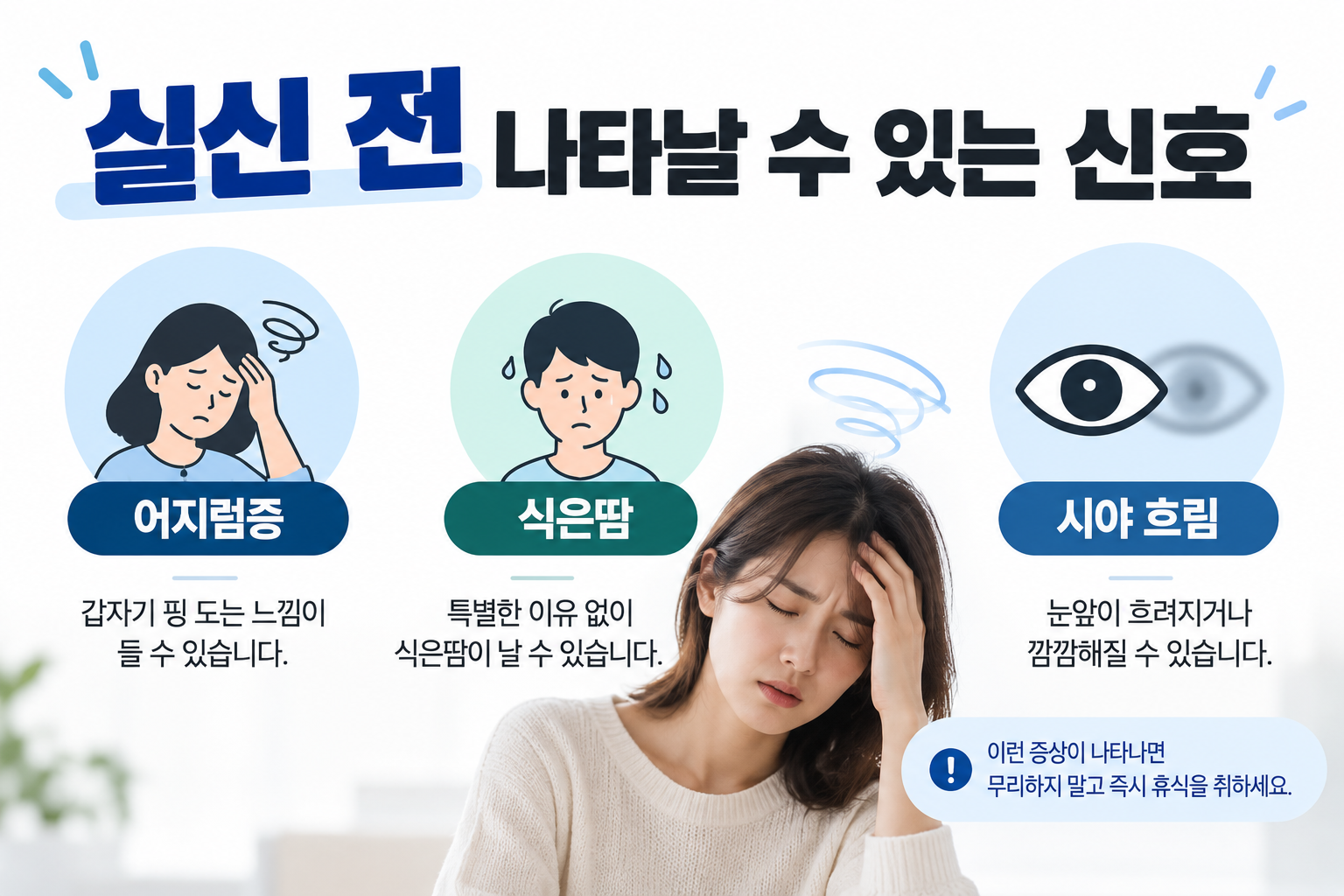 혈관미주신경성 실신 전에 나타날 수 있는 어지럼증 식은땀 시야 변화 설명 이미지