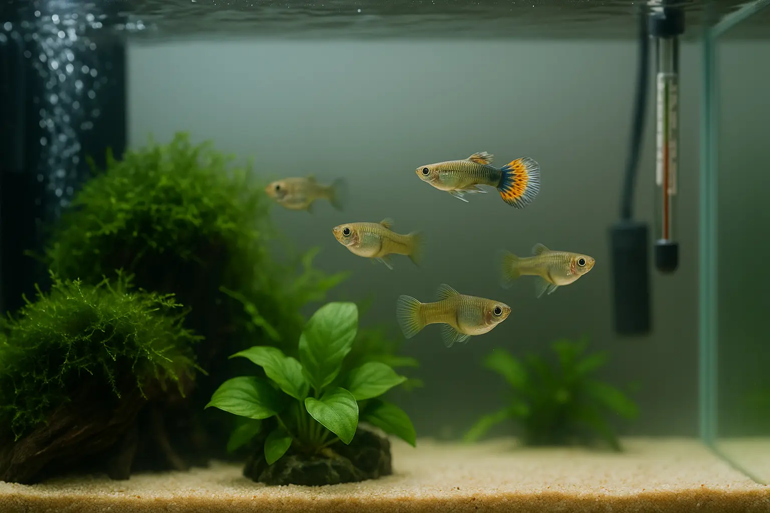 24–26℃로 안정된 맑은 물에서 건강한 구피와 수초가 보이는 가정용 어항