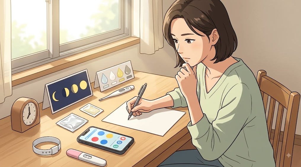진료 전 질 분비물 변화 시점과 동반 증상을 스스로 정리하는 모습의 일러스트