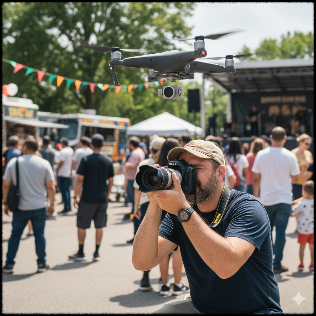 지역 행사에서 사진과 드론 촬영을 동시에 진행하는 모습
