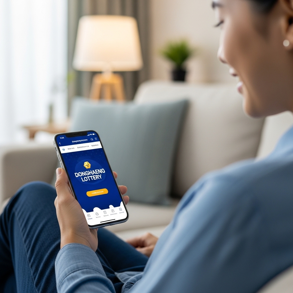 집 소파에 앉아 편안하게 스마트폰으로 동행복권 온라인 로또를 구매하는 사람의 모습