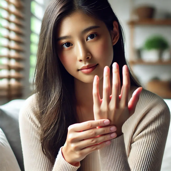 손저림을 느끼며 손을 마사지하는 젊은 아시아 여성