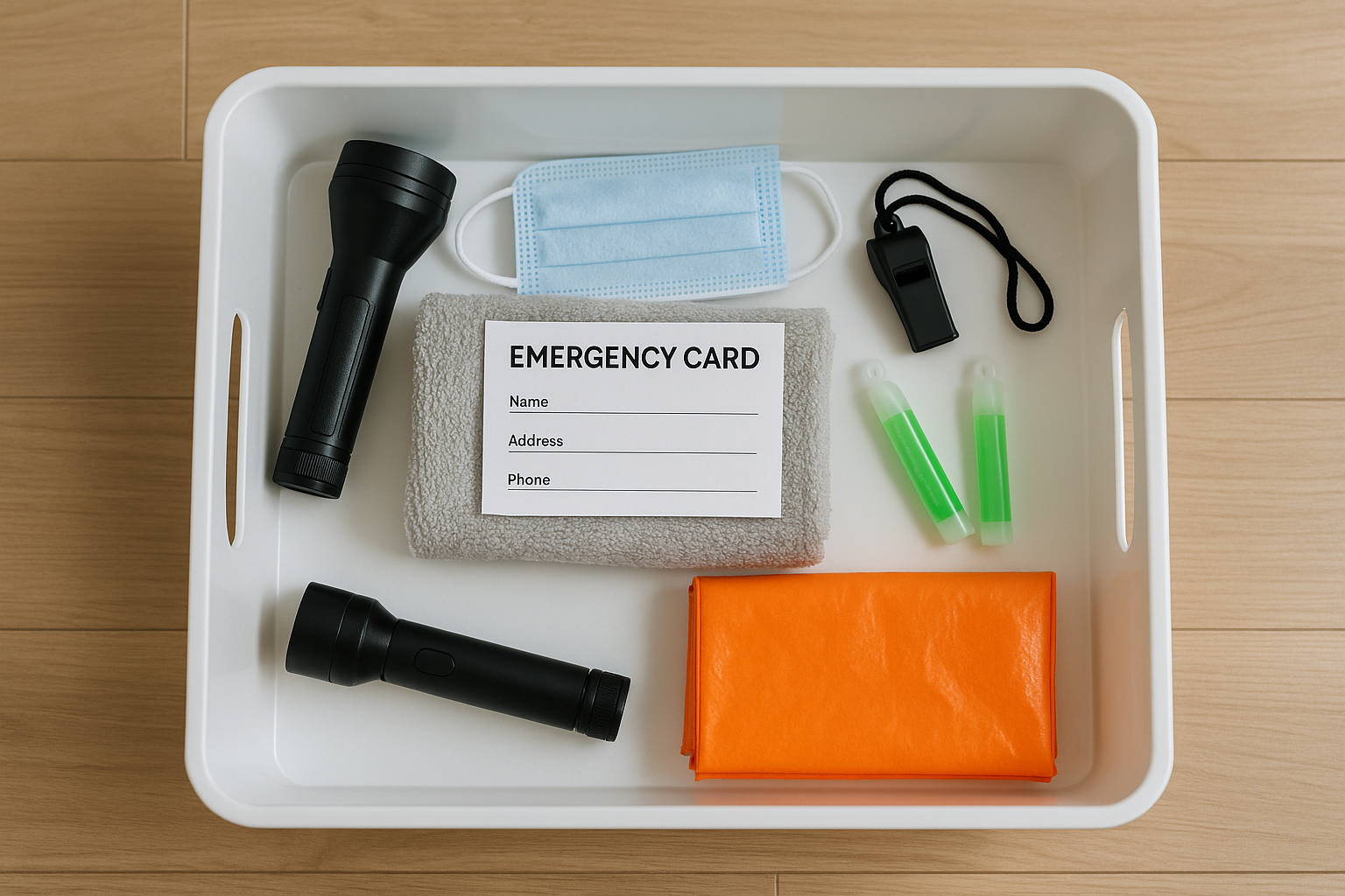 손전등, 마스크, 비상담요, 호루라기, 라이트스틱, 대피카드를 정리한 가정용 드릴 박스
