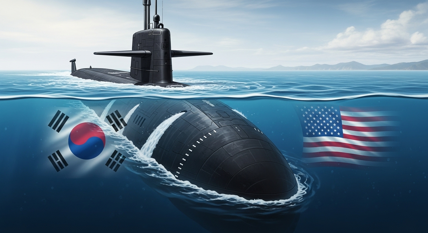 한국의 핵추진 잠수함 건조 승인 및 한미 안보 협력 강화를 상징하는 잠수함 이미지.