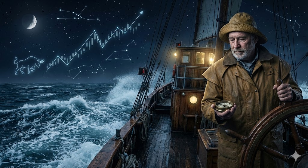 거친 파도(주식 시장) 위를 항해하는 튼튼한 배. 선장은 나침반(나만의 규칙)을 보며 평온하게 키를 잡고 있는 모습. 배경에는 우상향 하는 그래프가 별자리처럼 떠 있음