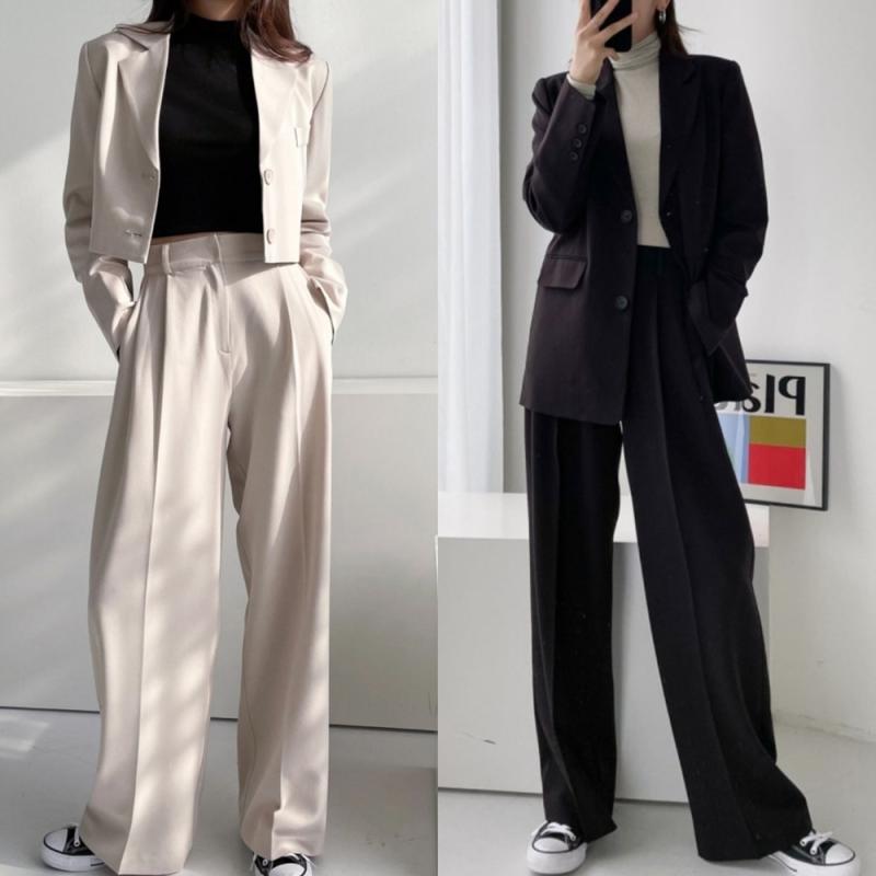 정장 베이직 크롭 자켓 와이드 팬츠 투피스 세트