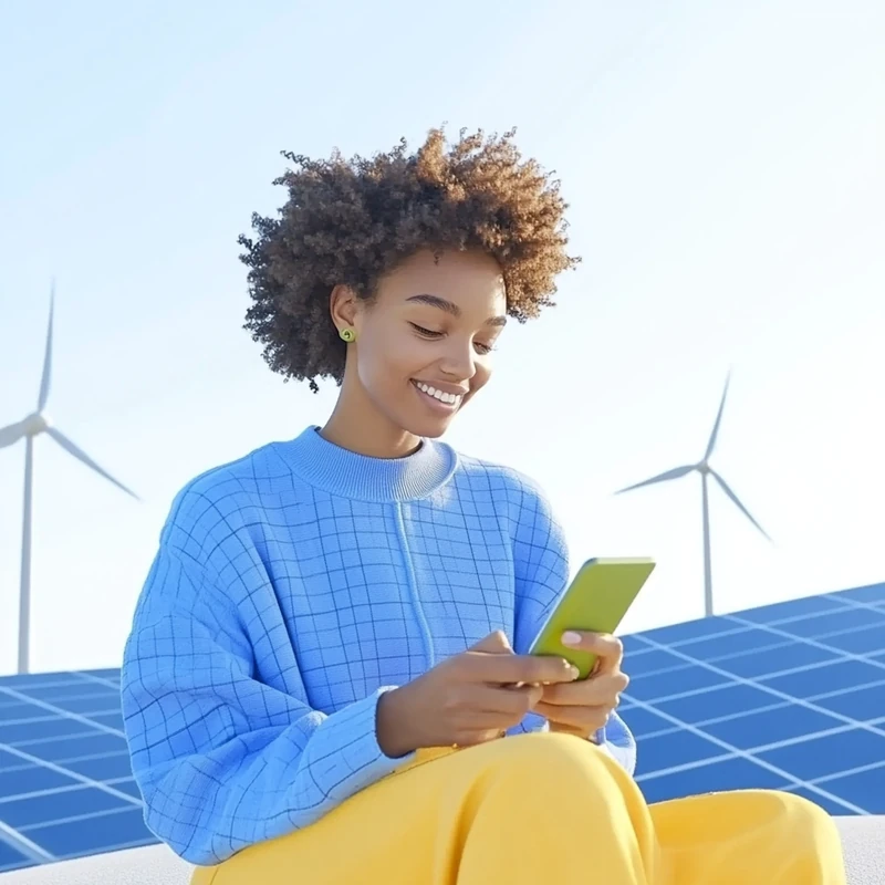 투자자가 스마트폰으로 신재생 에너지 연금 ETF의 자동 투자를 확인하며 안정성과 미래 성장에 대한 신뢰를 갖는 모습에서 태양광과 풍력 에너지의 가치를 강조, 친환경 투자로 더 나은 재정 미래를 준비하는 실용적인 투자 전략을 보여준다.