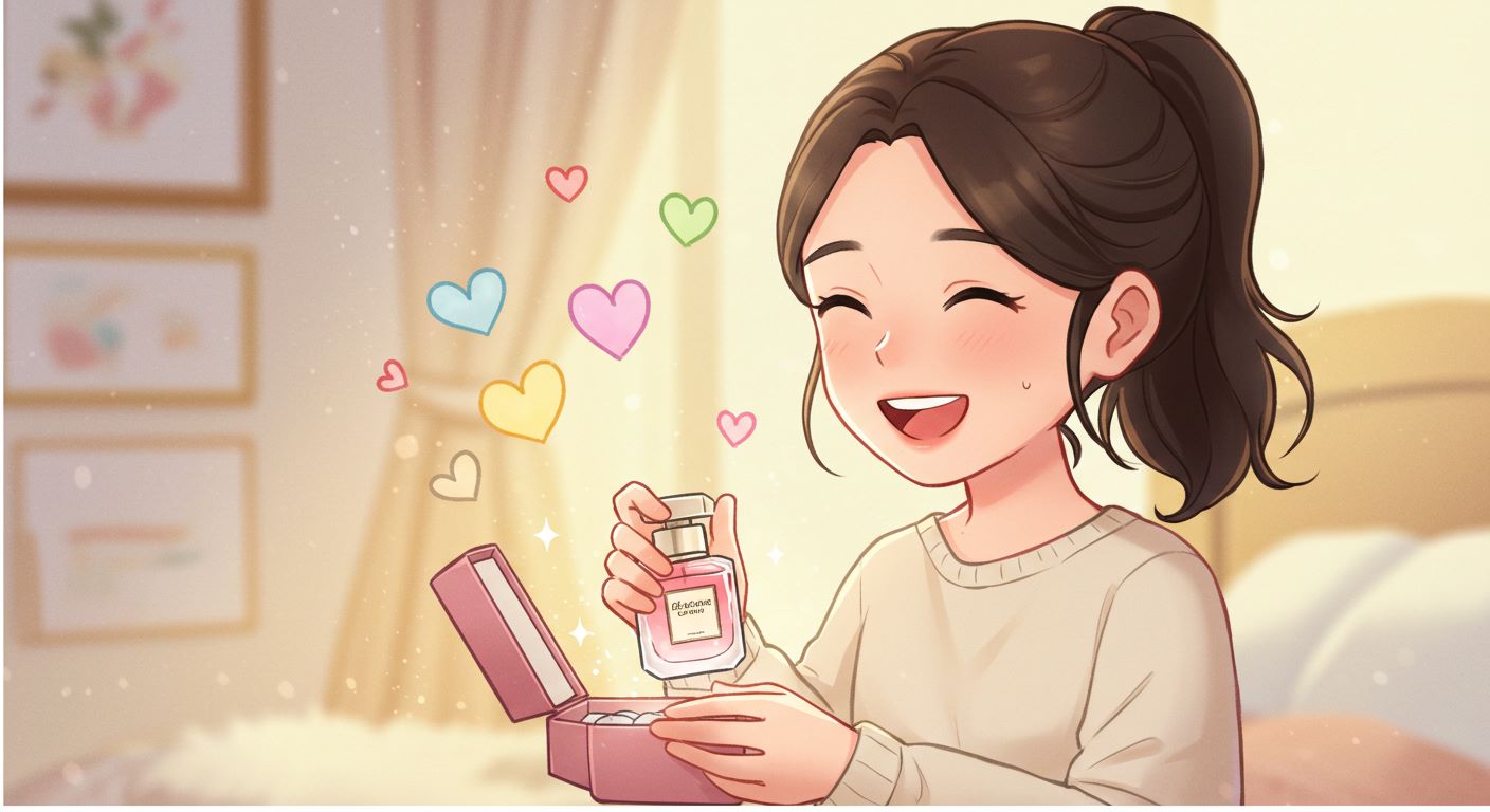 귀여운 일러스트 스타일로 아내가 향수 선물 박스를 열며 행복해하는 장면, 파스텔 컬러, 로맨틱한 분위기, 텍스트 없음 — 아내 결혼 기념일 향수 선물