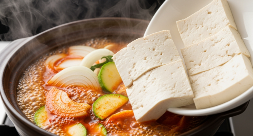 양파와 호박이 끓고 있는 빨간 국물에 큼직하게 썬 순두부를 조심스럽게 넣고 있는 모습