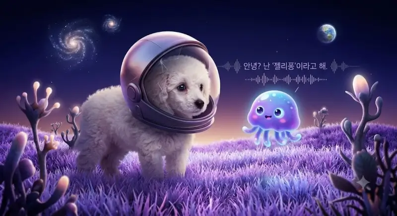 보라색 풀밭 위에서 말하는 우주 젤리 친구를 만나 신기해하는 코코.