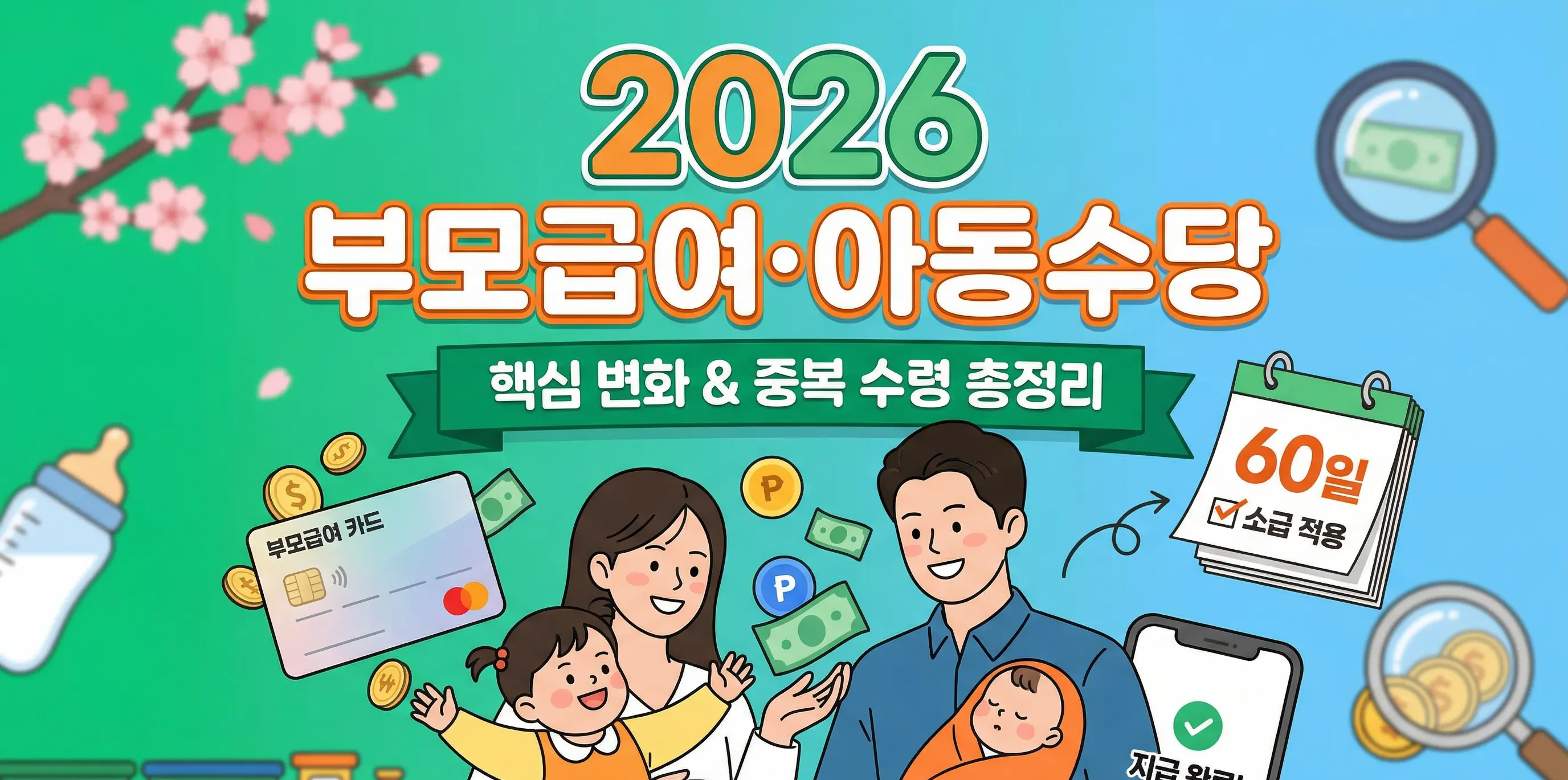 2026년 한국 부모급여와 아동수당의 핵심 변화, 월령별 지급 금액, 중복 수령 방법 및 신청 절차를 총정리한 블로그 썸네일 가이드 이미지