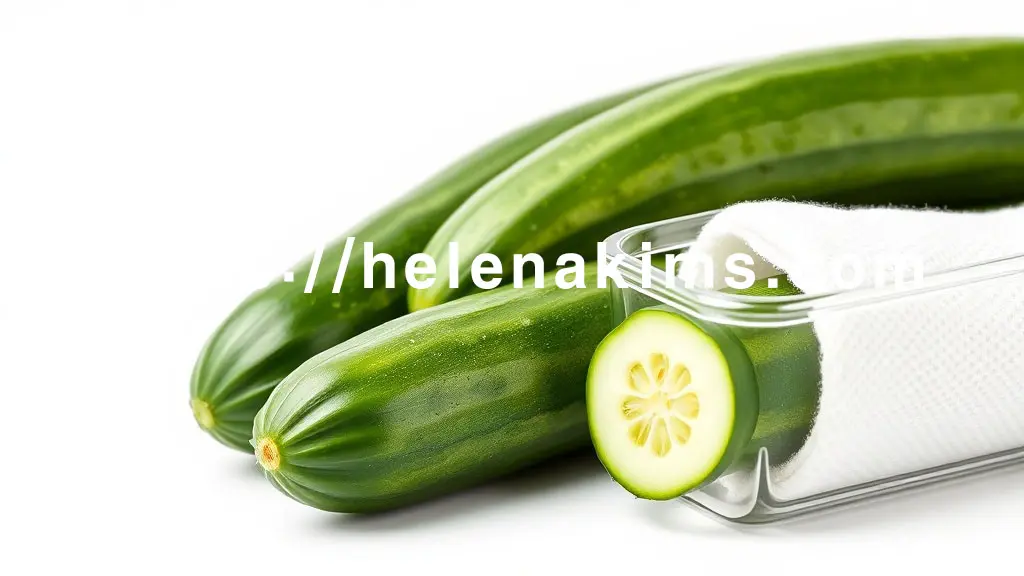 다른 오이 하나는 흰색 키친타월로 조심스럽게 감싸져 있고, 그 옆에는 오이 한 개가 담긴 투명한 유리 보관 용기가 놓여있다.