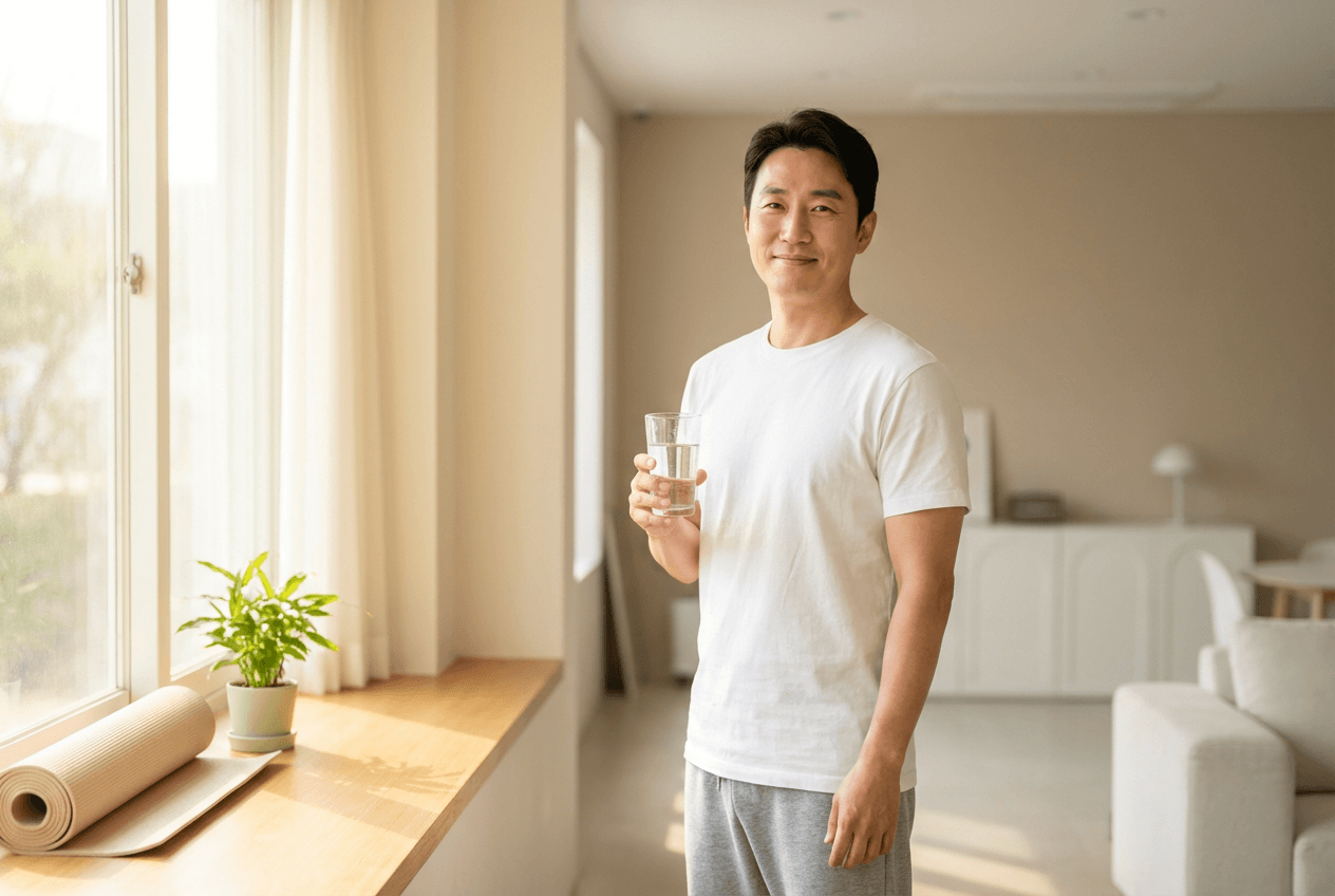 아침 공복에 물을 마시는 40대 남성. 건강한 아침 루틴과 수분 섭취 습관.