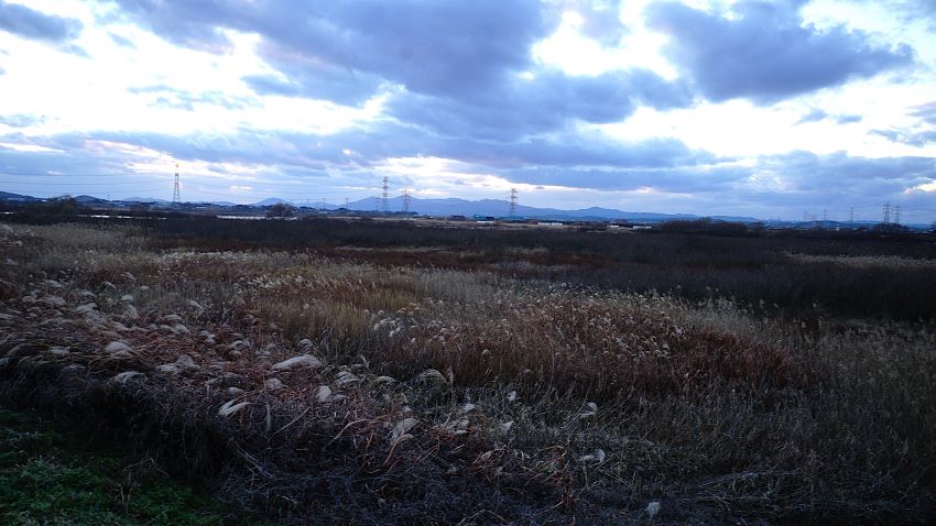 하늘에 두터운 먹구름, 어두운 들판, 좌 우로 늘어선 고압선 철탑들,