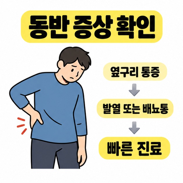 옆구리를 짚은 사람 옆에 옆구리 통증, 발열 또는 배뇨통, 빠른 진료 문구를 화살표로 연결한 이미지