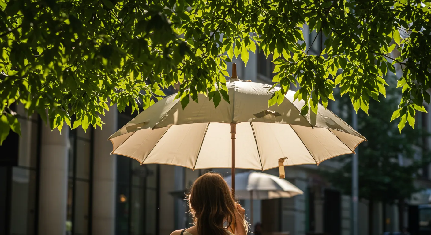 무더운 여름 양산을 쓴 사람