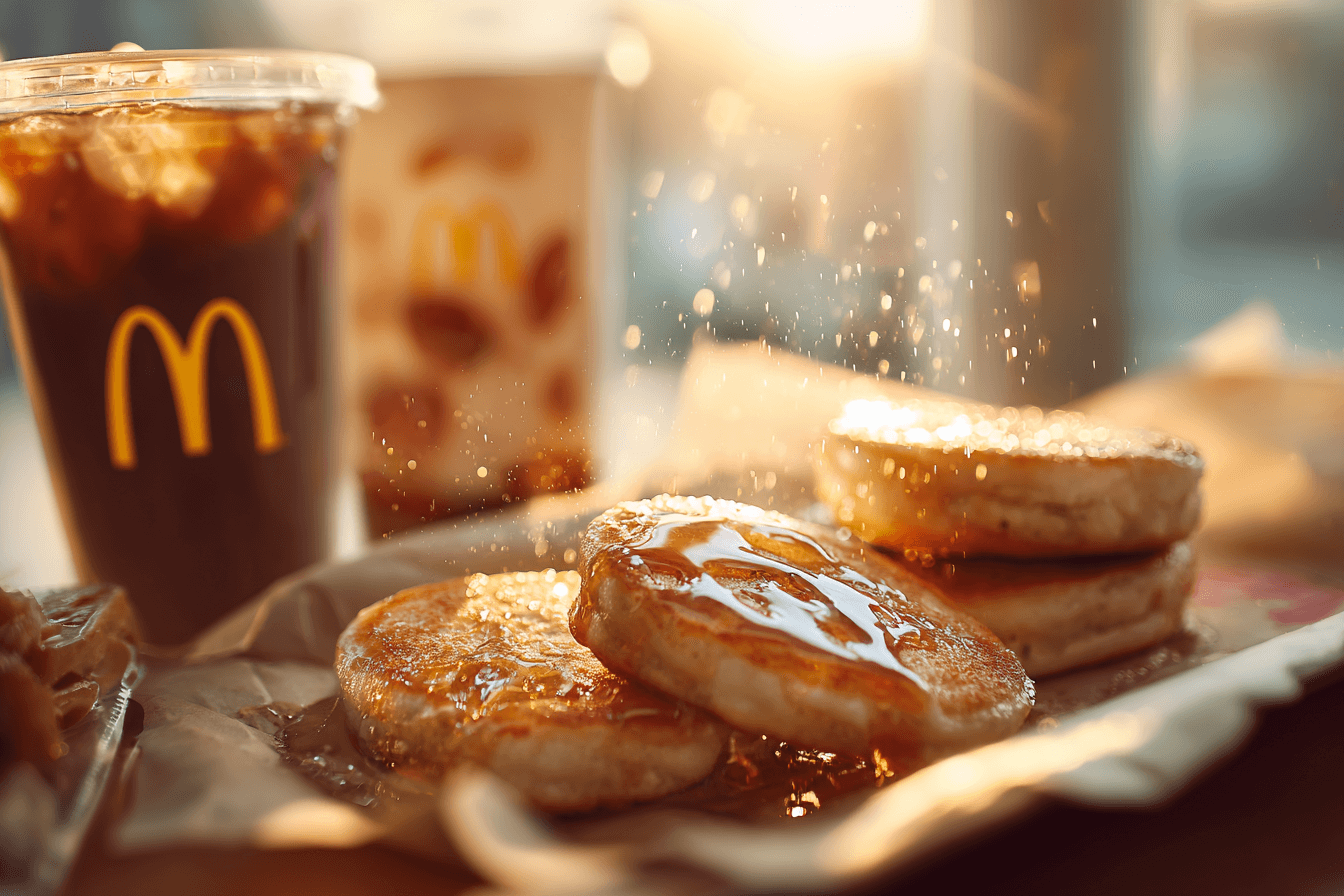 커피와-맥모닝-맥머핀에-시럽이-뿌려진-사진