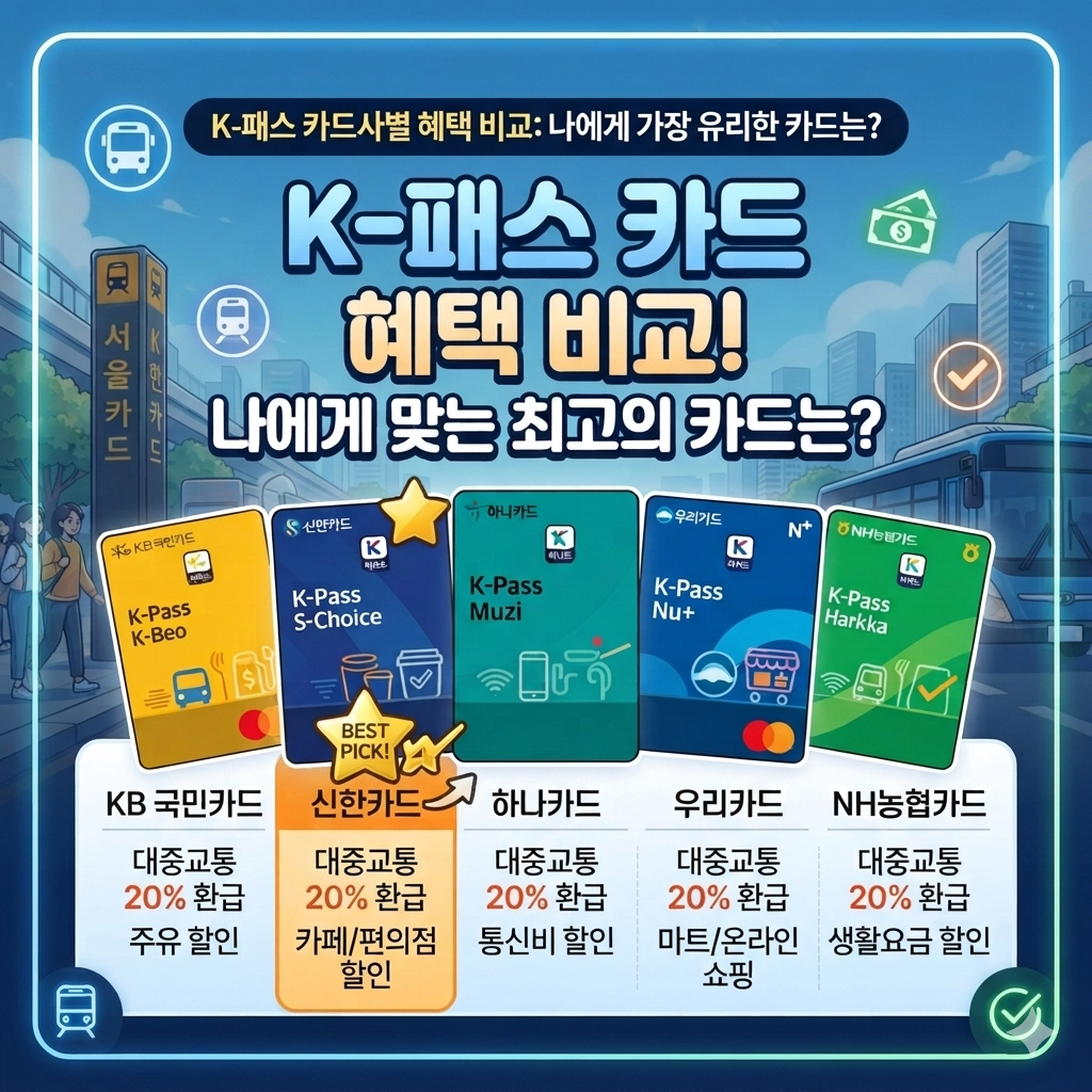 2026 K-패스 카드사별 혜택 비교표|신한·KB국민·삼성·하나·우리·농협 K-패스 추천 카드 총정리