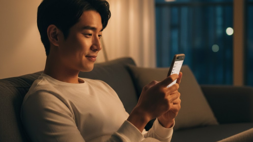 업데이트 후, 원래의 세로 목록형으로 돌아온 카카오톡 친구탭을 편안하게 사용하는 남성.