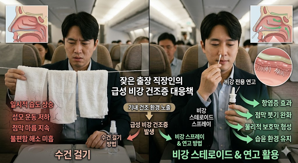 잦은 출장으로 인한 호텔 및 비행기 내 급성 비강 건조증 해결을 위한 전문적인 비강 스테로이드 및 연고 활용 전략