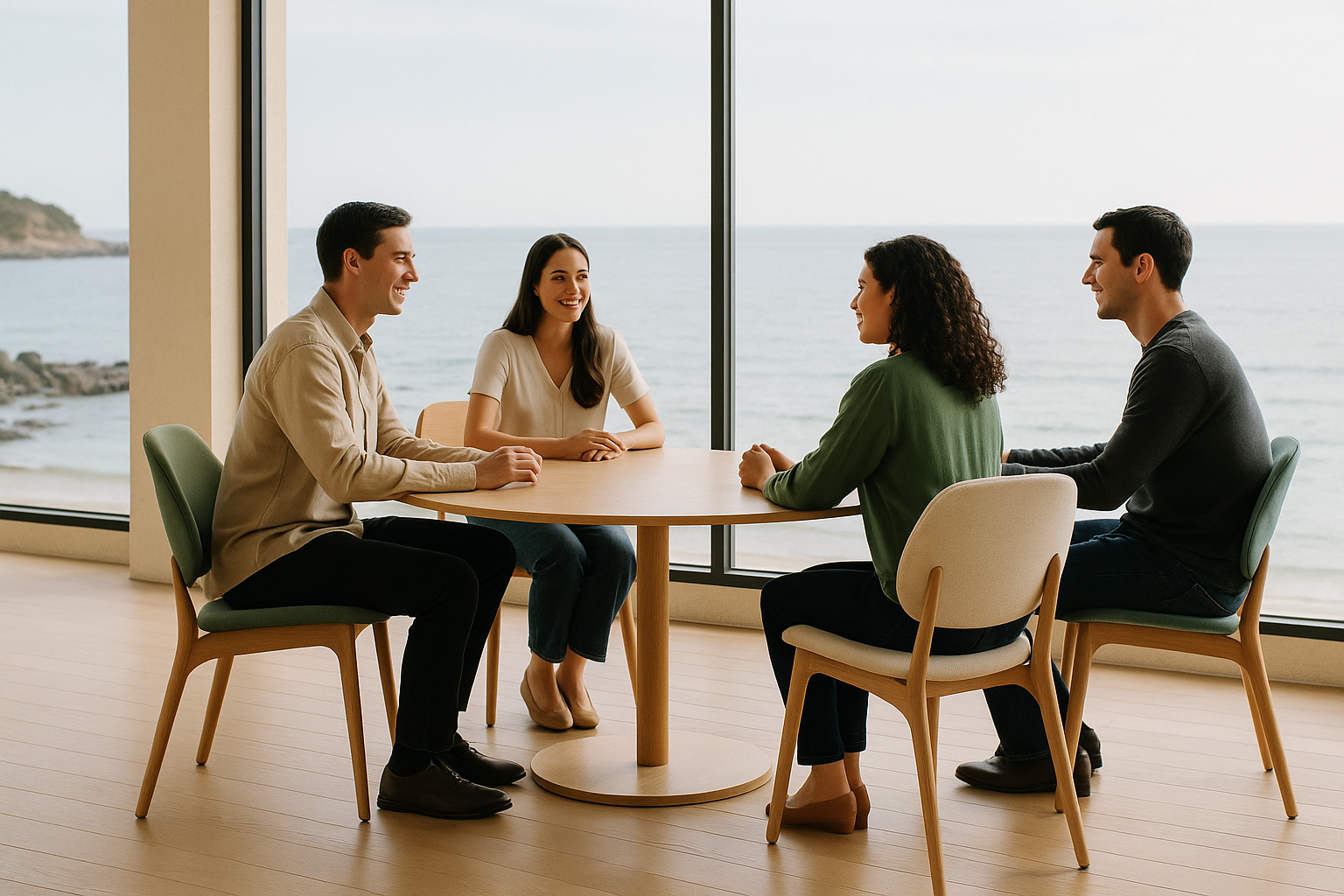 넓은 창 너머 바다를 배경으로 네 명의 사람이 원형 테이블에 앉아 대화하는 장면, 밝고 따뜻한 분위기의 미니멀 인테리어 공간.