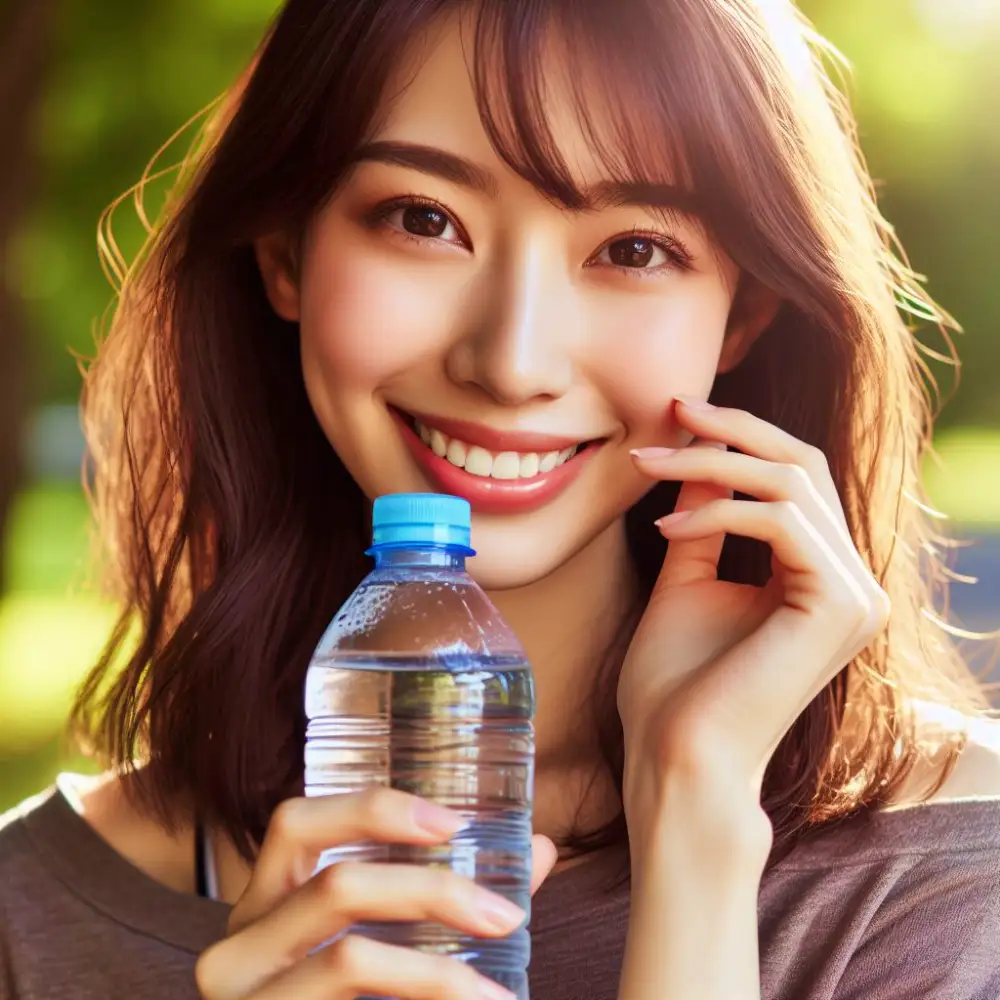 생수병을 들고 웃고 있는 여자의 모습